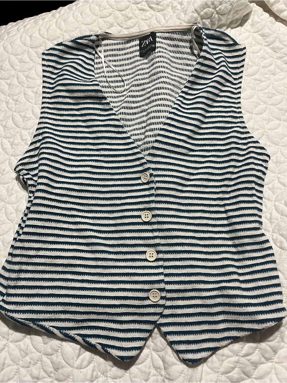 Zara Sleeveless Striped Button Front Vest in Blue and White